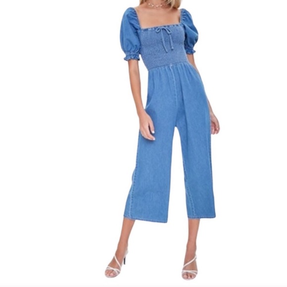 Denim Smocked Jumpsuit - Picture 1 of 3